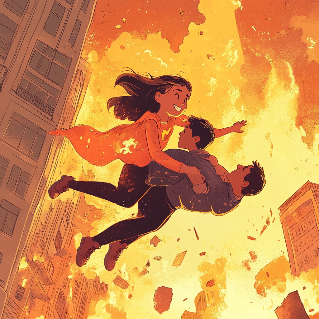 Young superhero girl rescues man from burning building