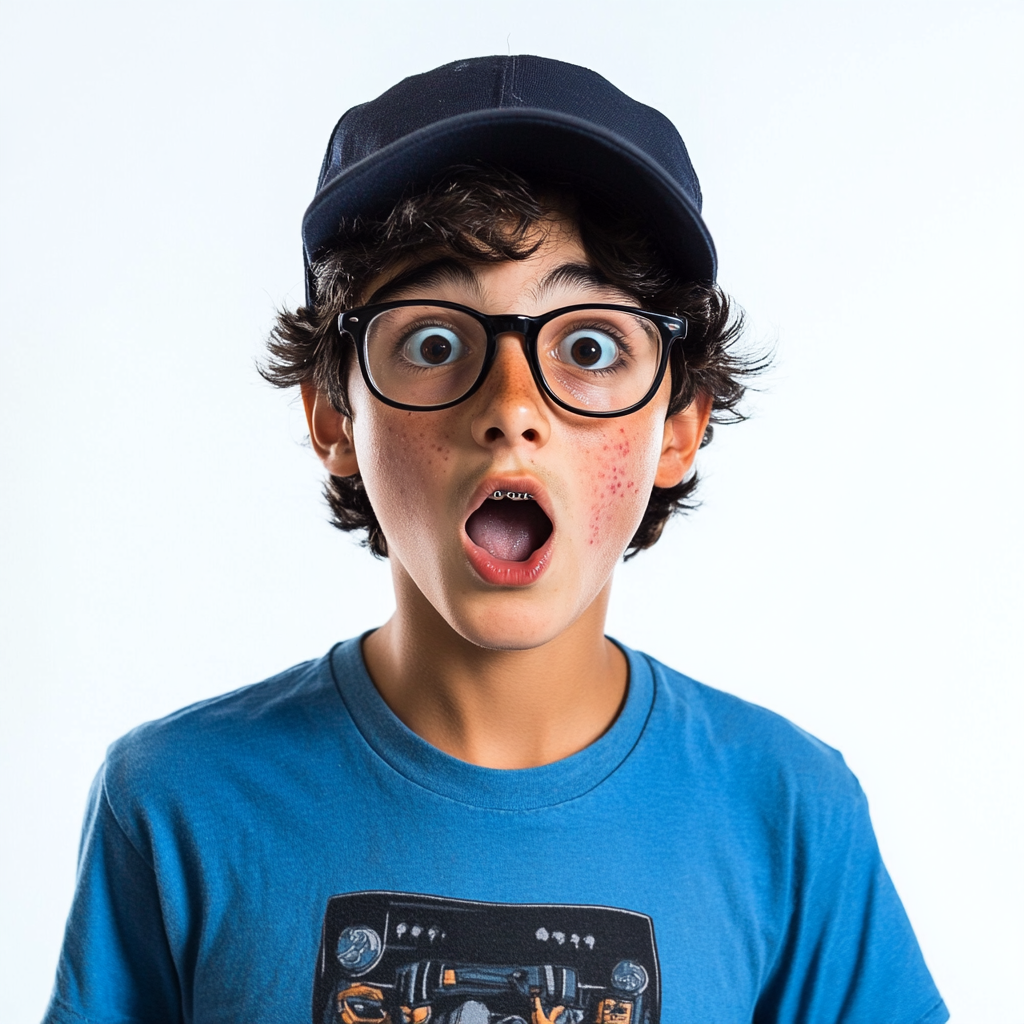 Young teen foreign exchange student nerd with braces and pimples shocked expression on white background