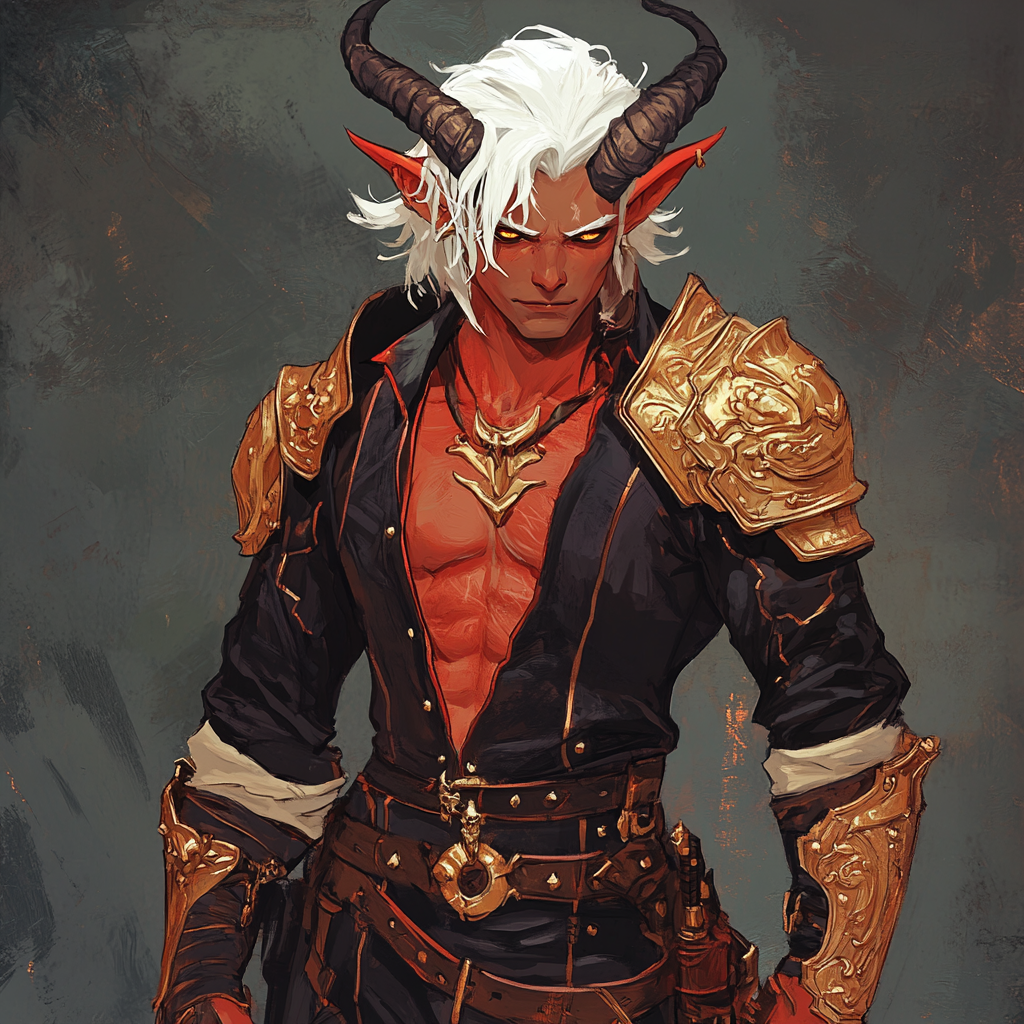 Young tiefling warlock with red skin and white hair.