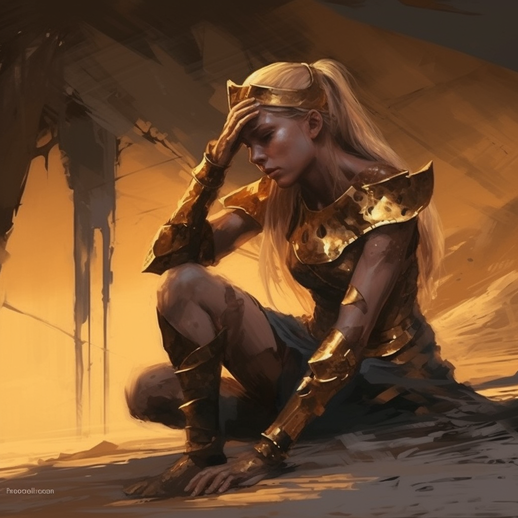 Young warrior woman kneels on lifeless, ashen ground.