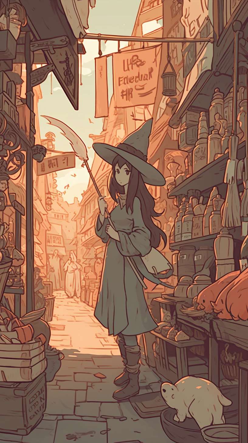 Young witch shopping with broom in whimsical magical marketplace.