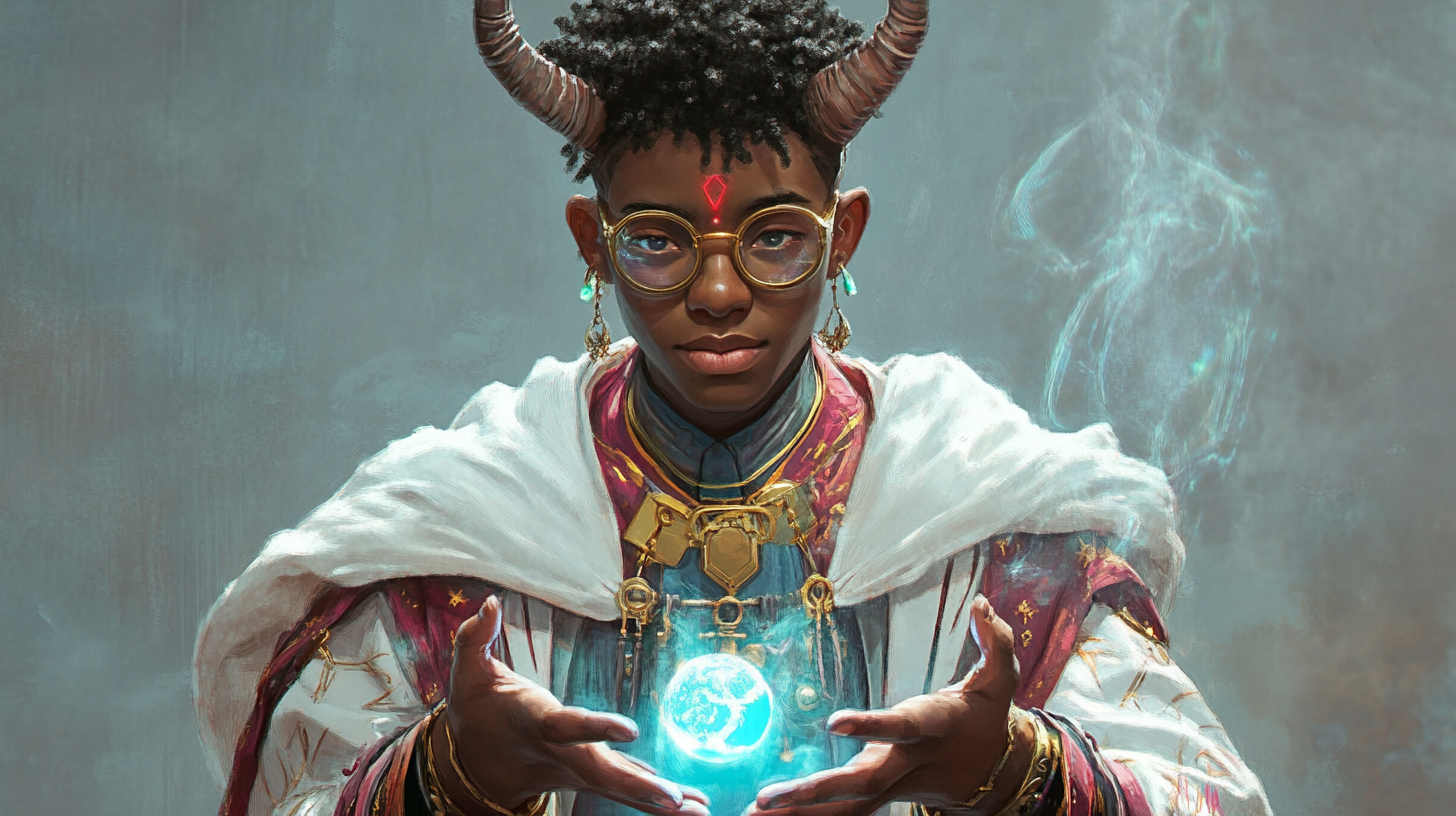 Young wizard tiefling with magic and glasses - A video game character inspired image