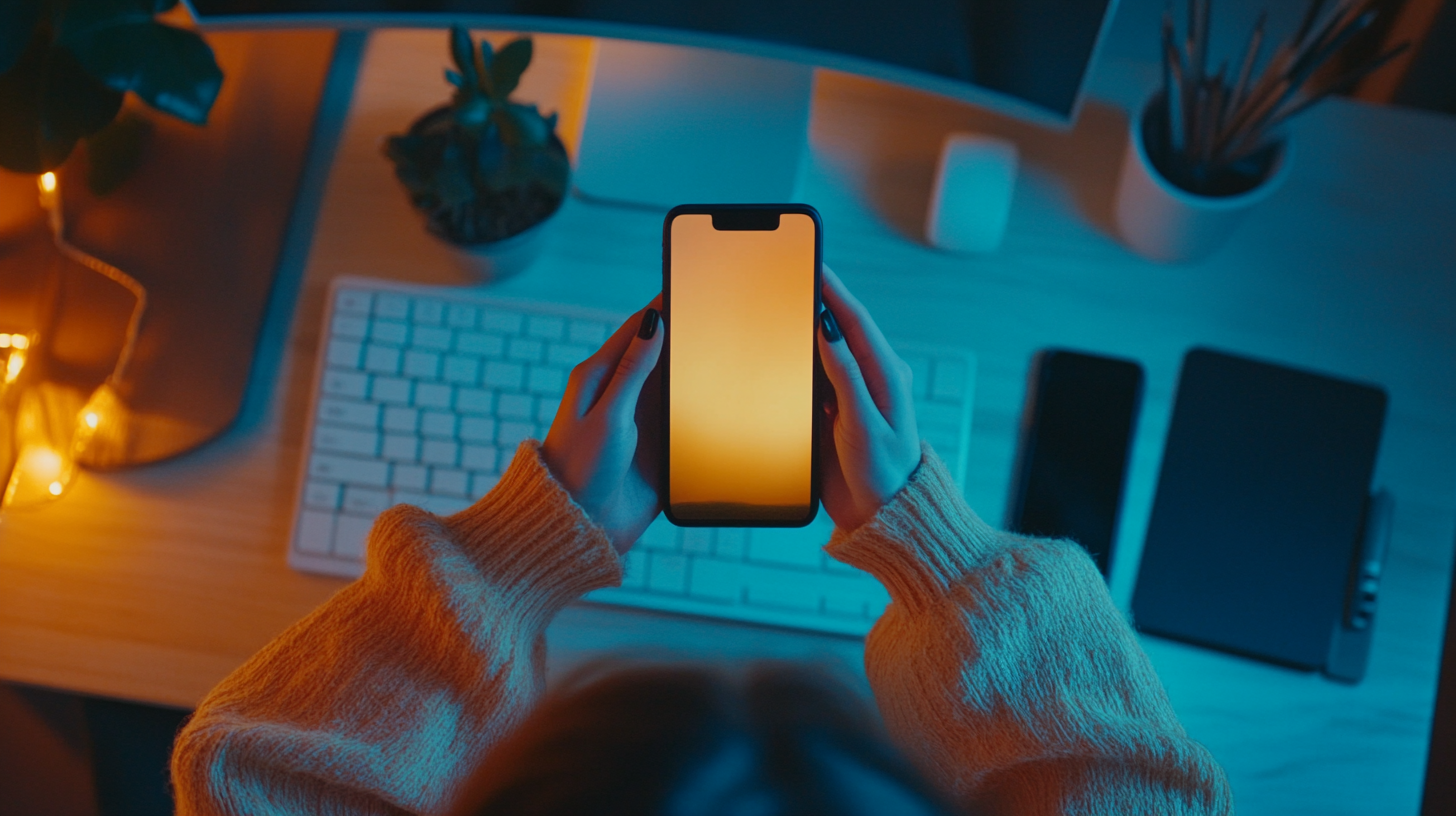 Young woman's hands holding phone in warm office.