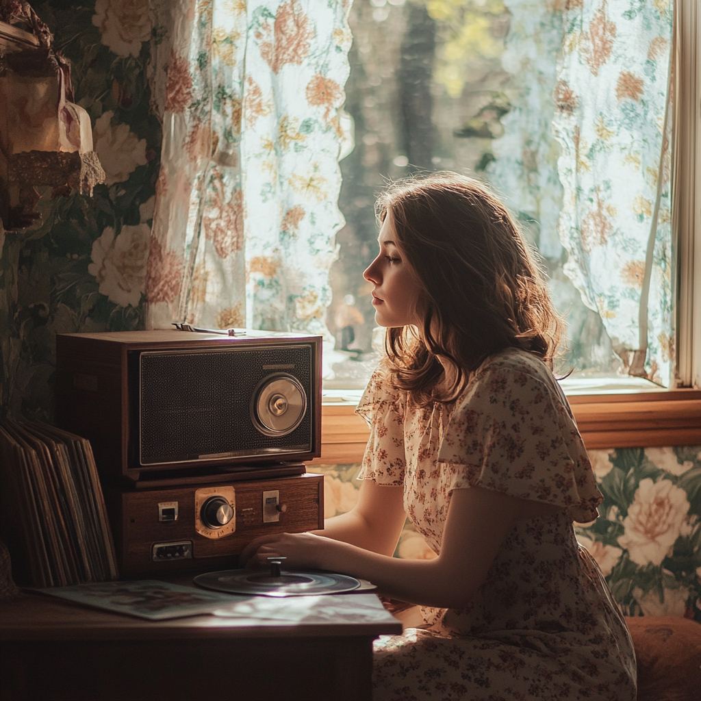 Young woman enjoys vintage radio in cozy room.