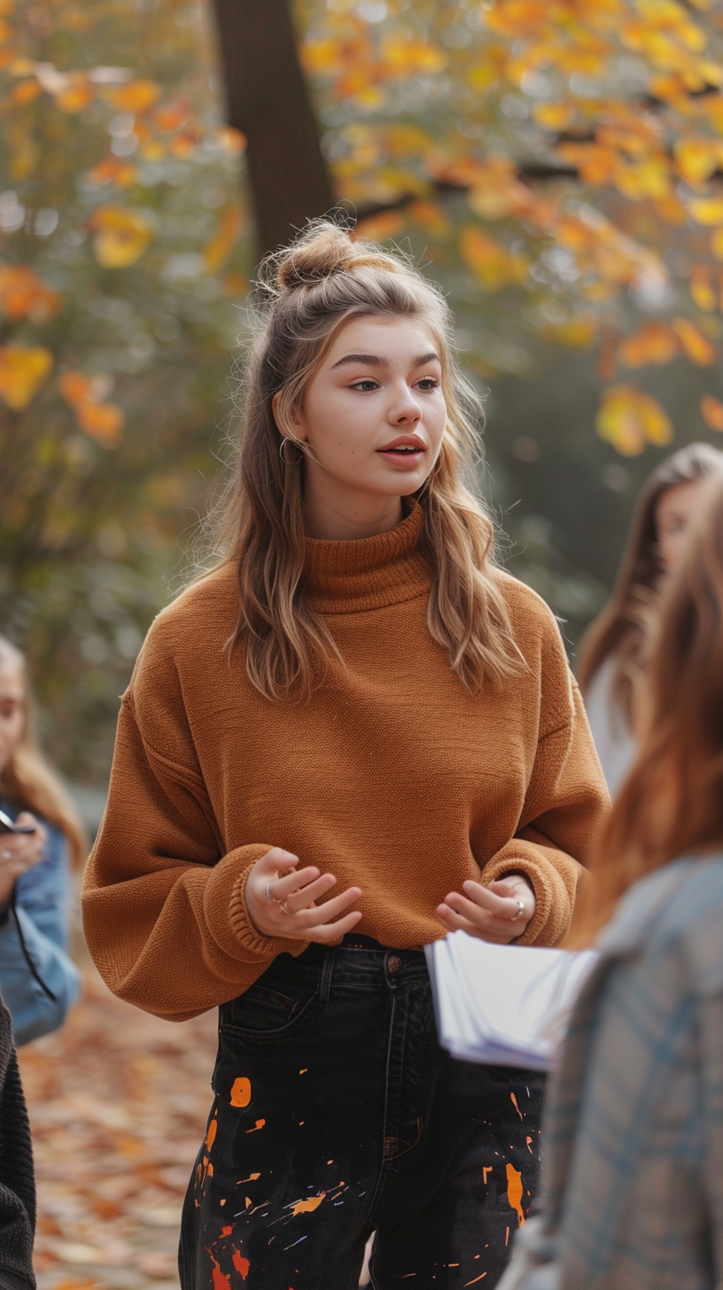 Young woman giving motivational talk outdoors, Gigi Hadid look-alike.