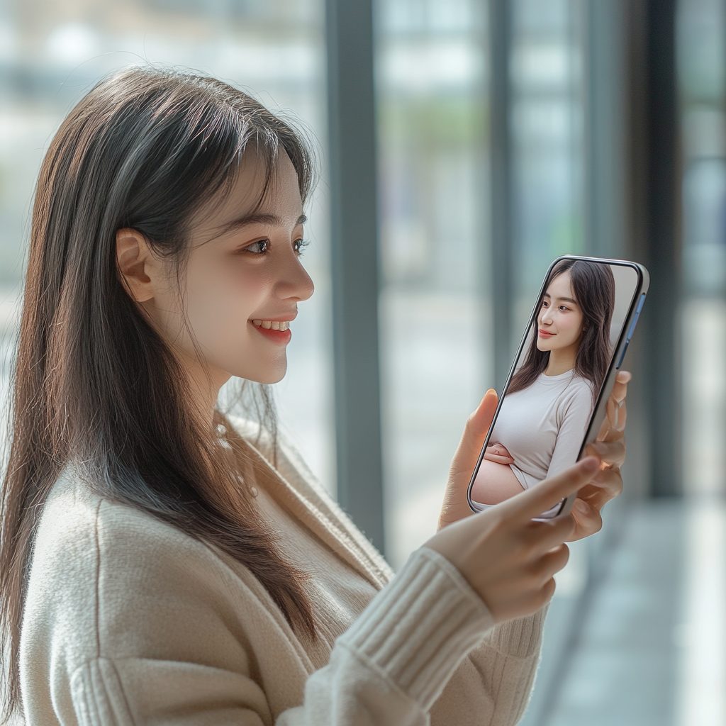 Young woman holding smartphone, sees herself pregnant on screen.