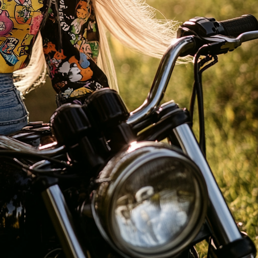 Young woman in 90s Disney clothes on motorcycle.