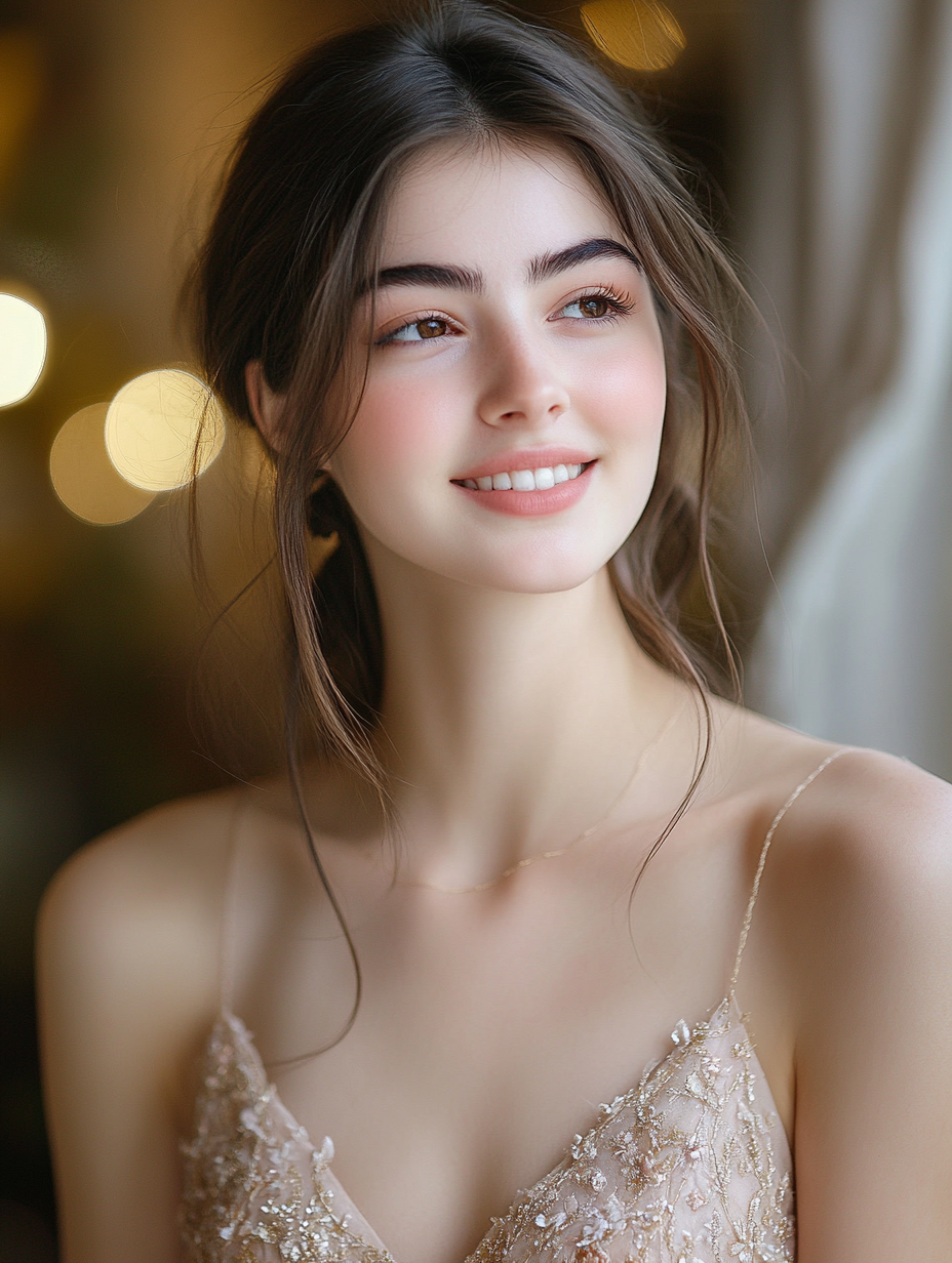 Young woman in elegant dress, smiling indoors, Fujifilm GFX 100S