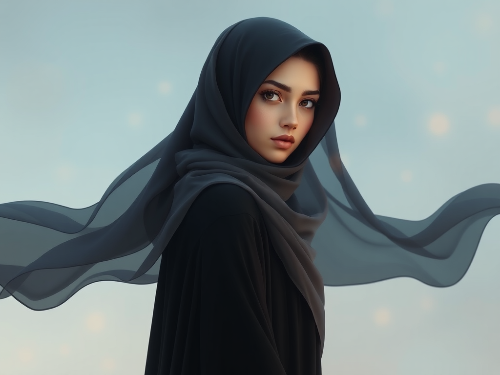 Young woman in hijab with mesmerizing eyes, serene and graceful.