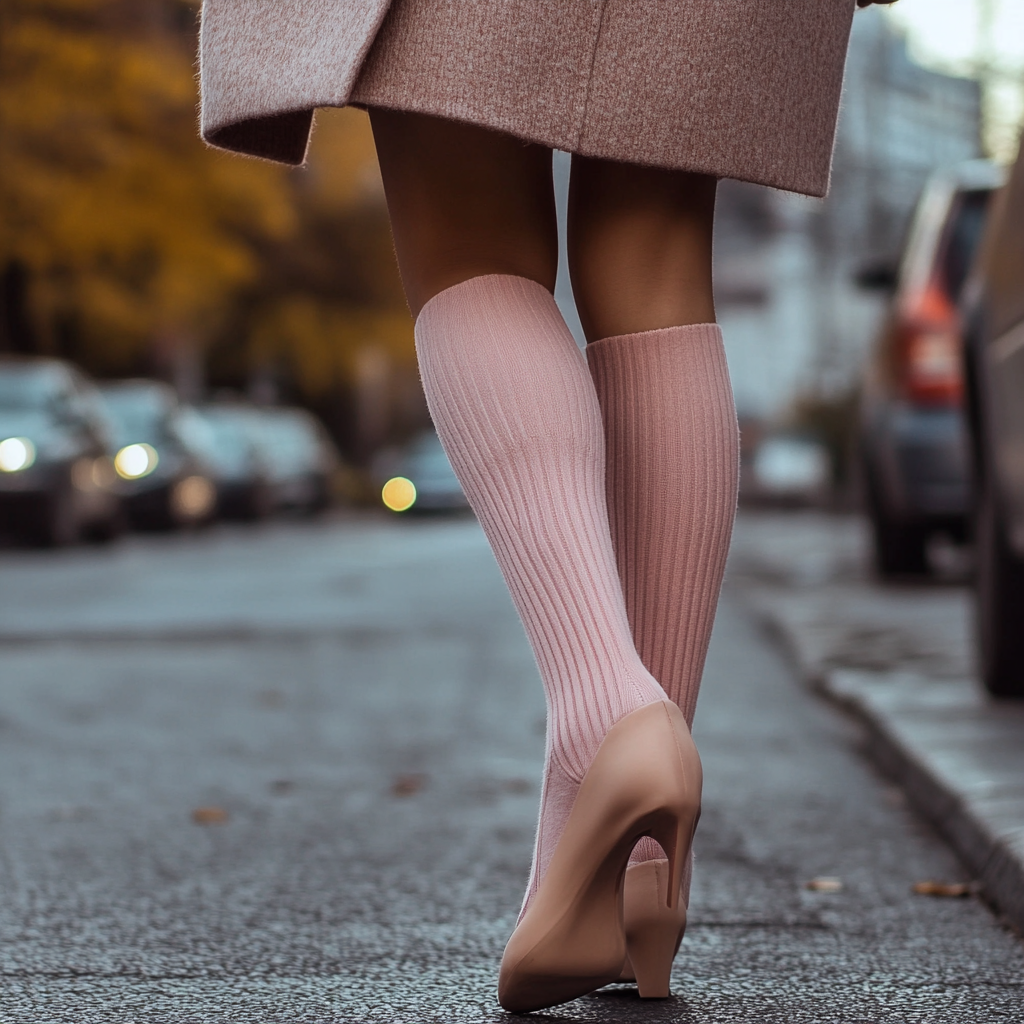 Young woman in pink woolen short socks and elegant shoes walking street