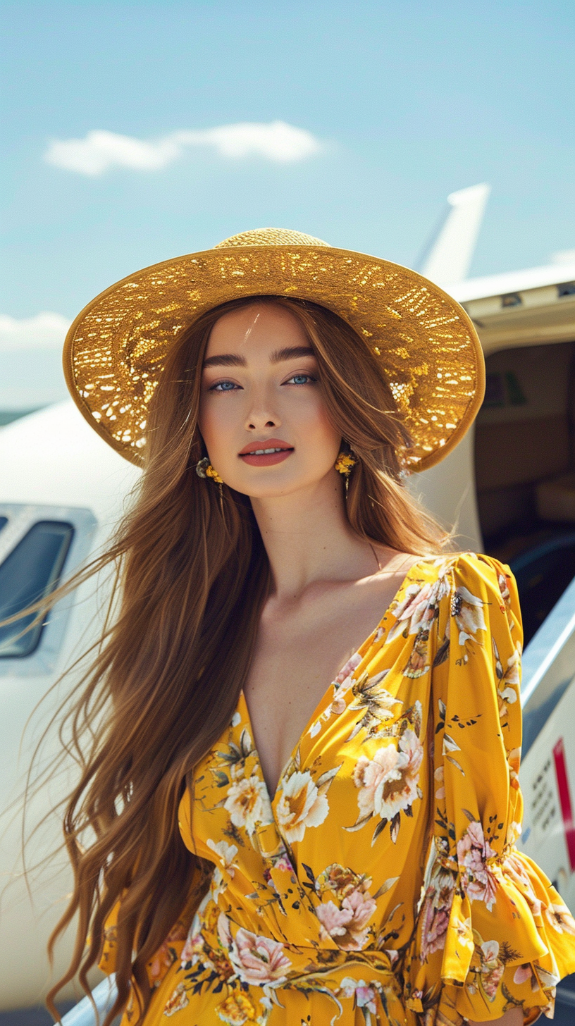 Young woman in yellow dress and travel hat boarding plane.