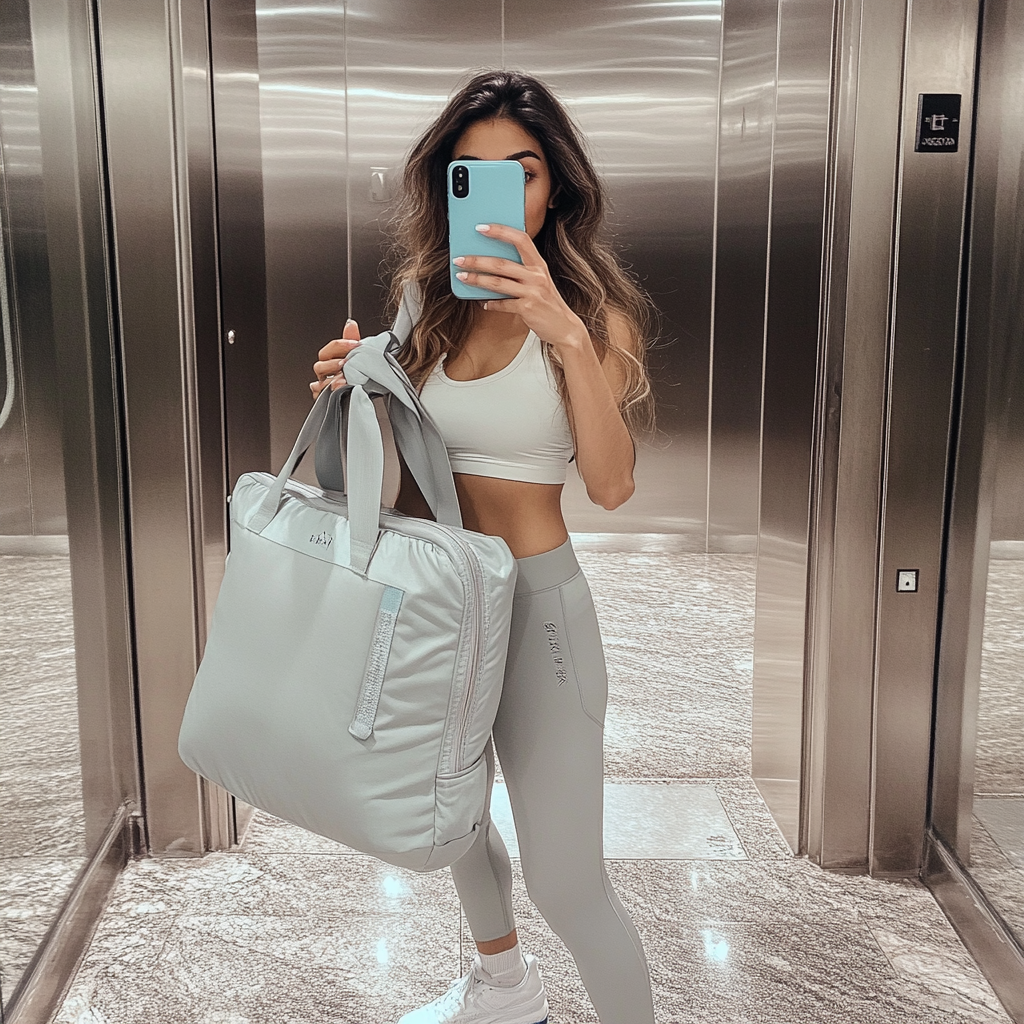 Young woman in yoga gear takes elevator selfie.