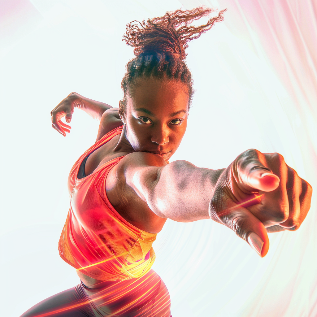 Young woman jumps confidently, pointing at camera