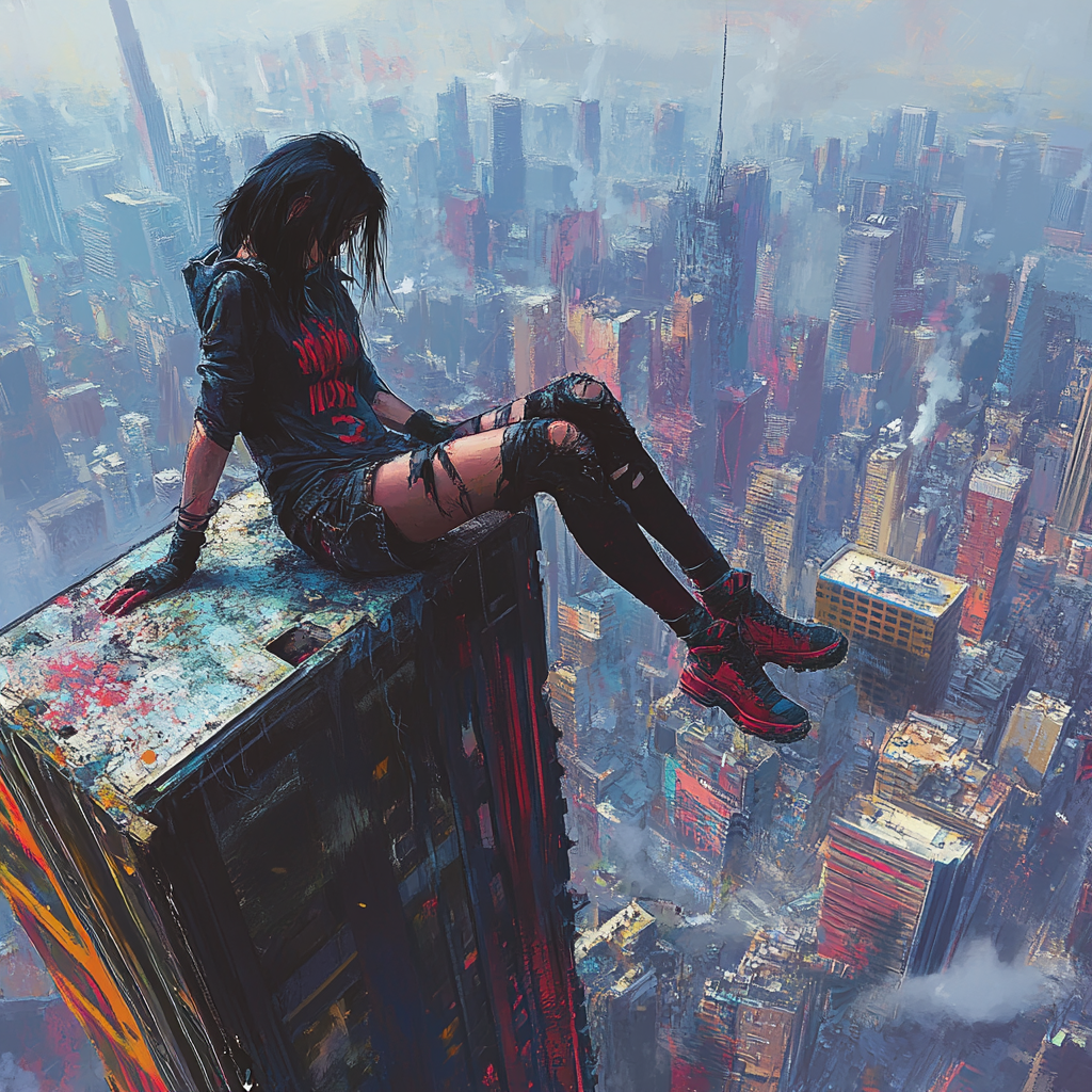 Young woman on broken skyscraper, post-apocalyptic city view.