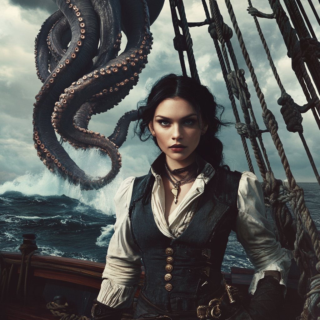 Young woman on ship deck with giant tentacle.