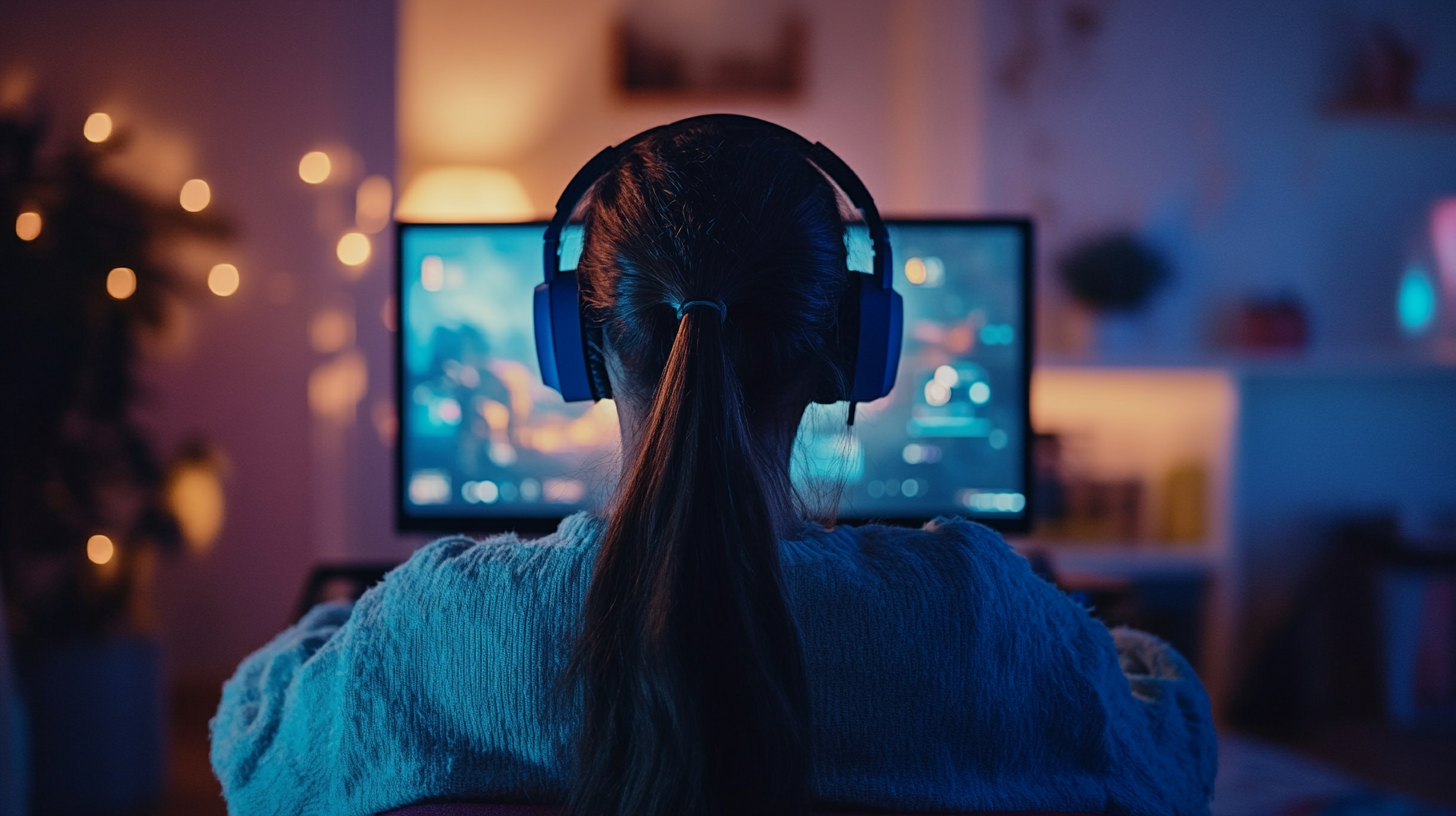 Young woman playing Apex Legends on PC at night.