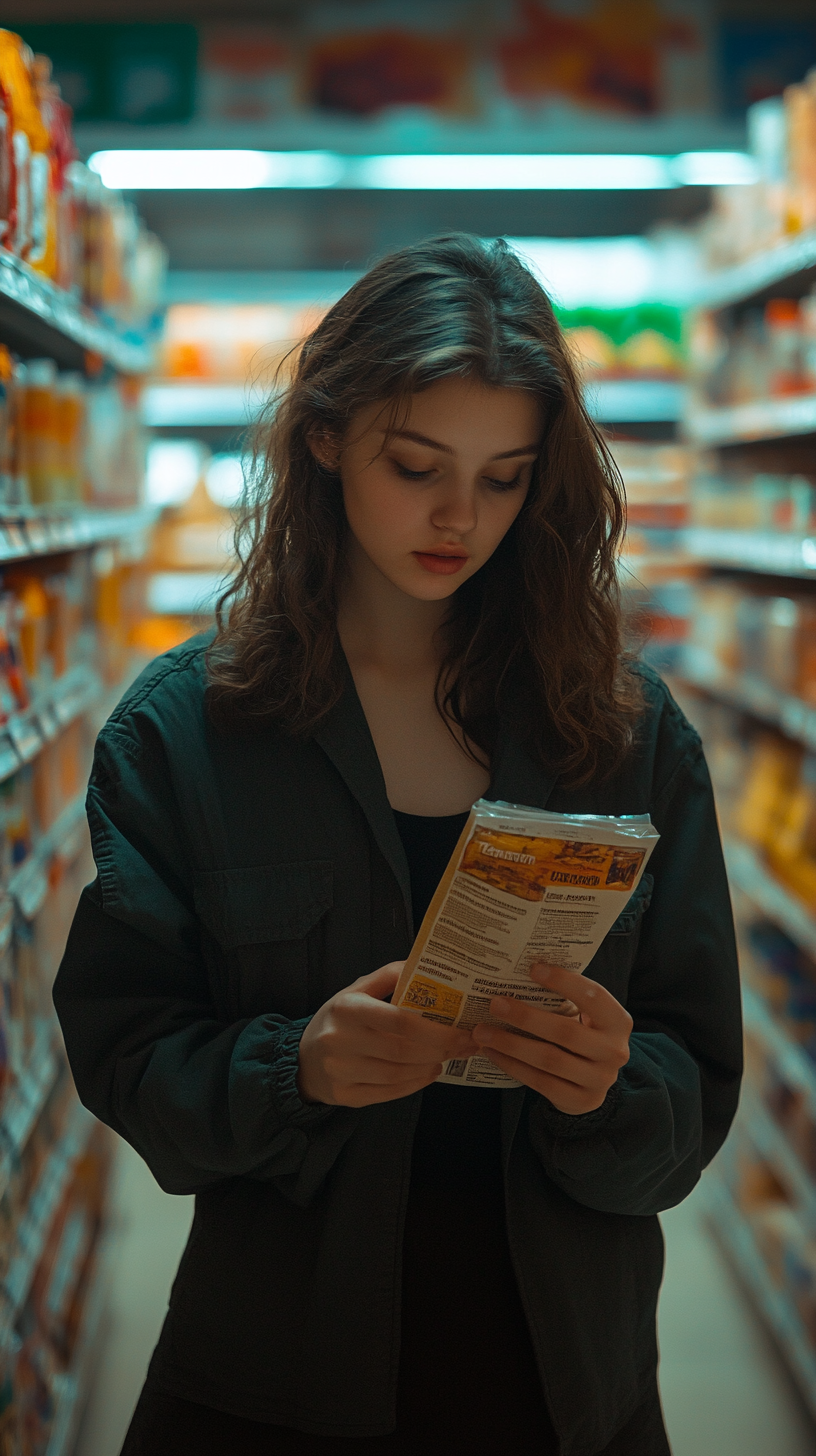 Young woman reads product label in well-lit supermarket