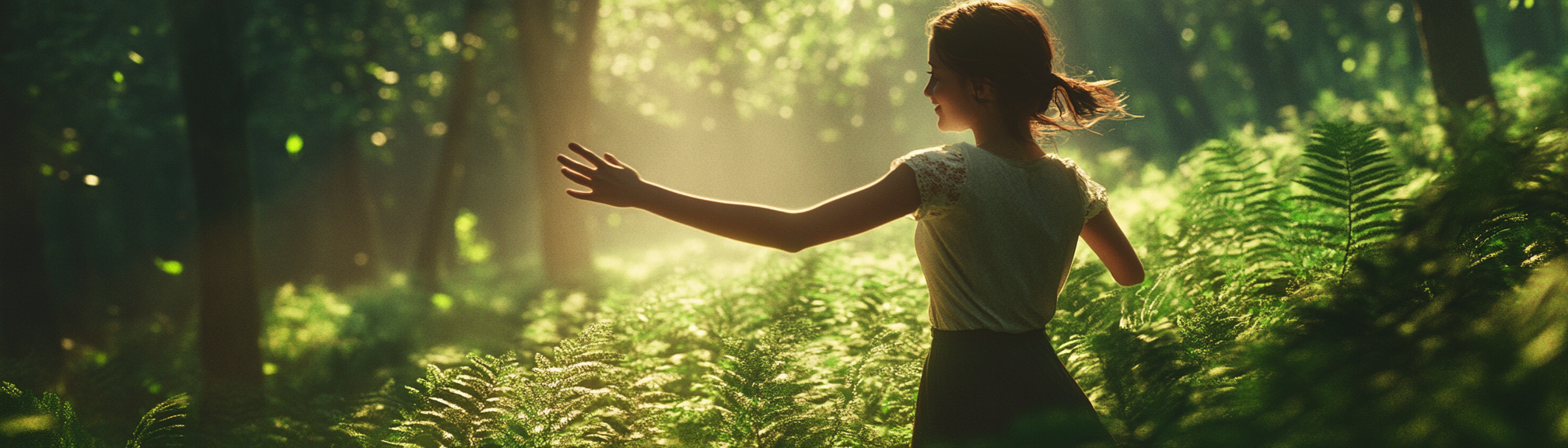 Young woman running in lush forest, enjoying nature.