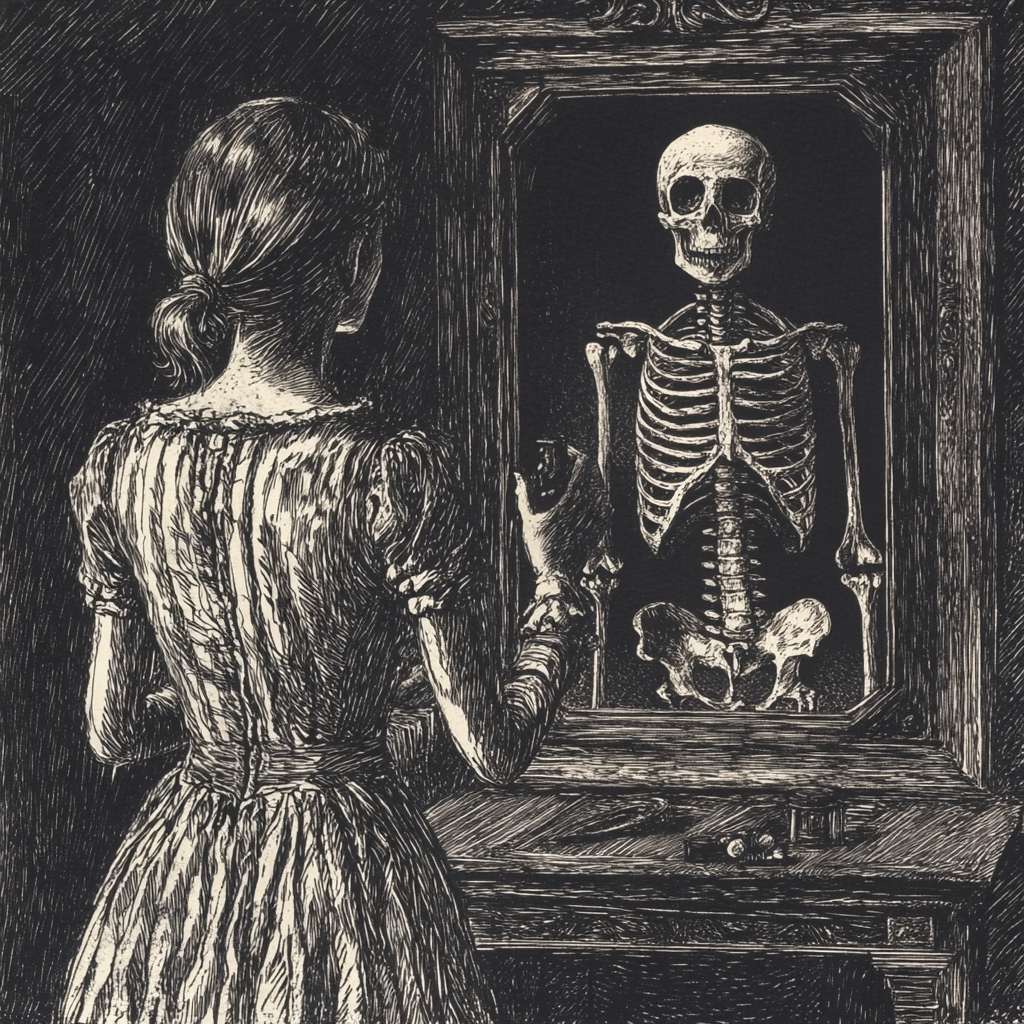 Young woman sees skeleton ghost in mirror