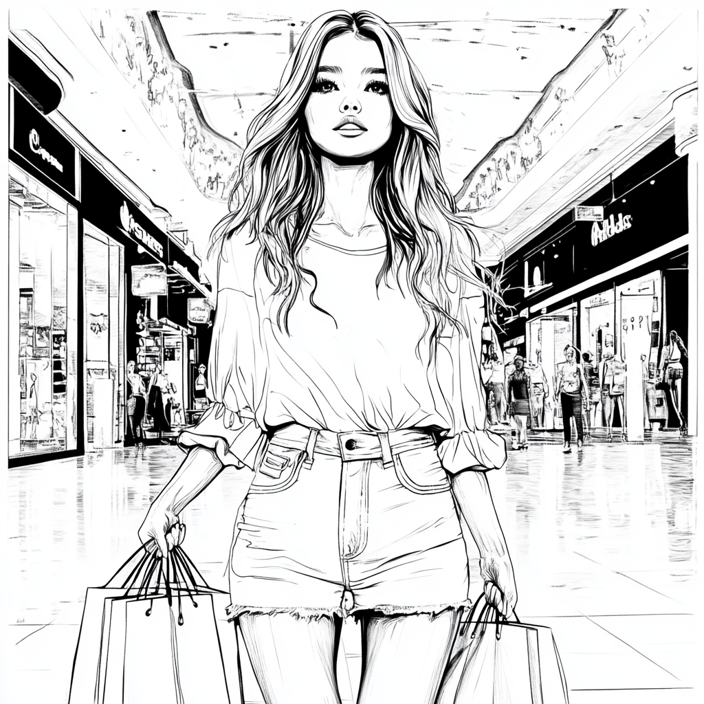 Young woman shopping with white clothes in mall