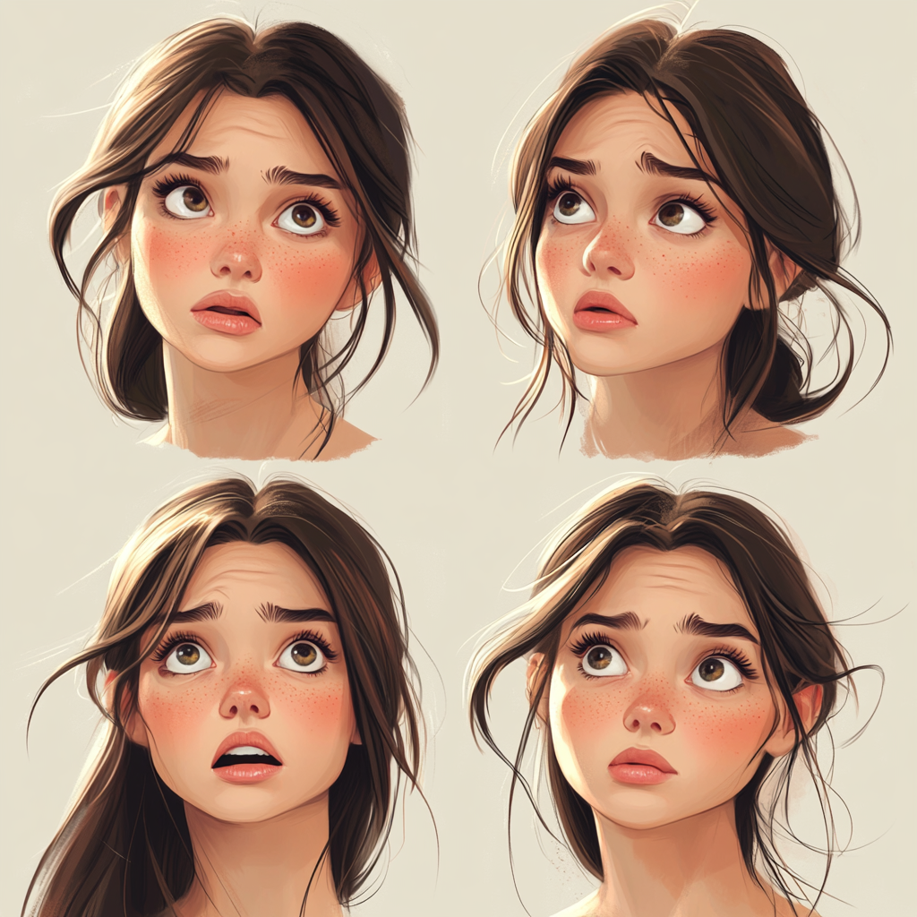 Young woman shows happy, sad, confused, surprised expressions