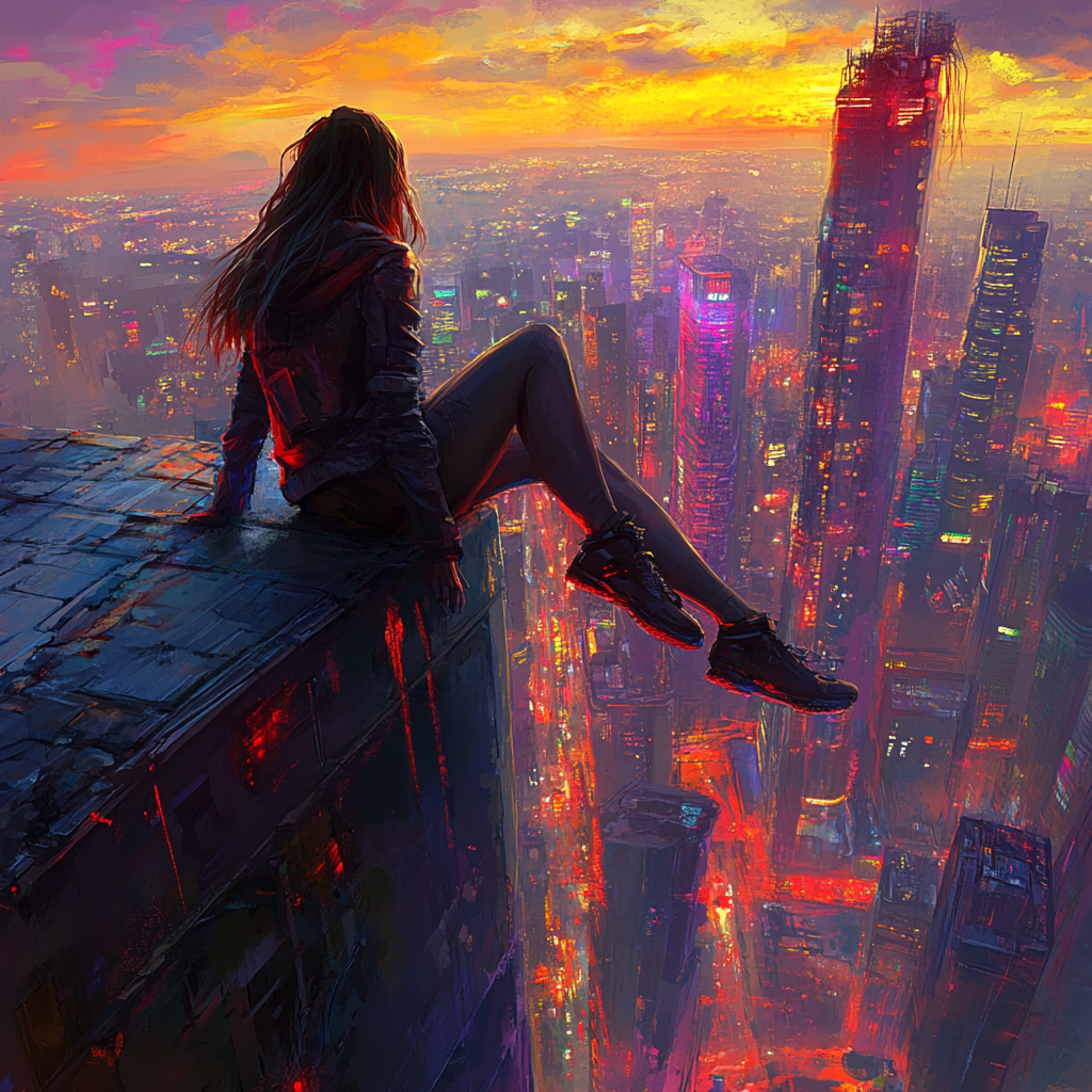 Young woman sits on broken skyscraper, back facing camera.