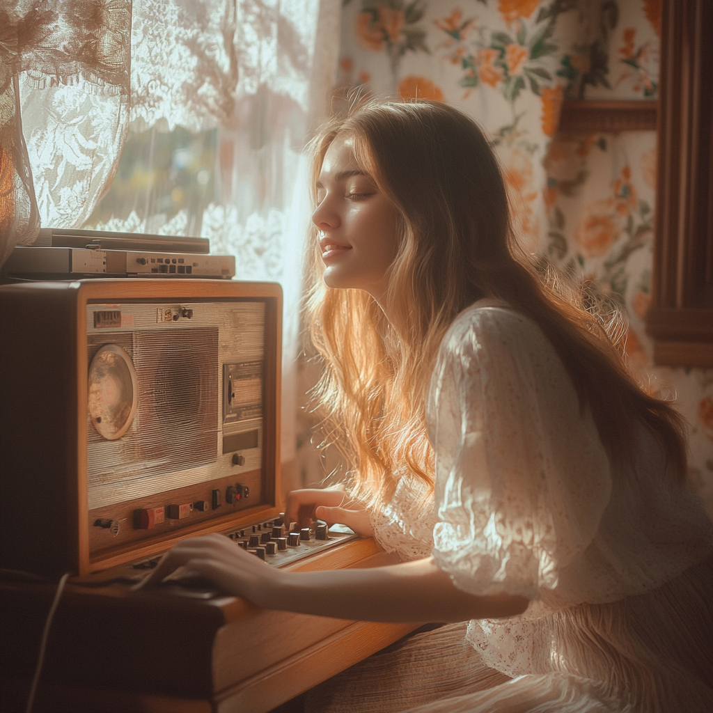 Young woman sitting by vintage radio in cozy room.