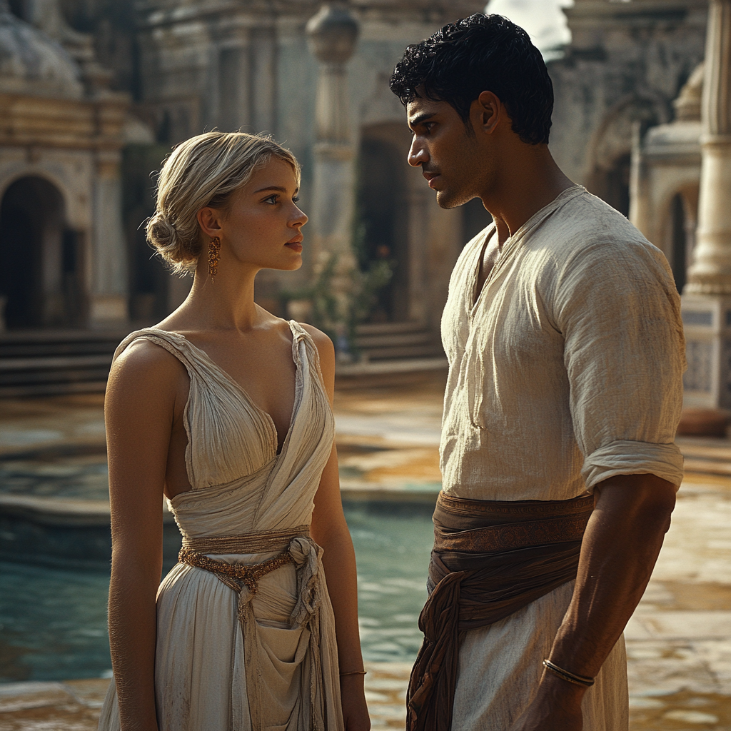 Young woman with blonde hair in white gown, man in white shirt in tropical palace.