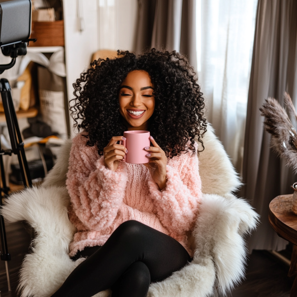 Young woman with curly hair recording video with mug.