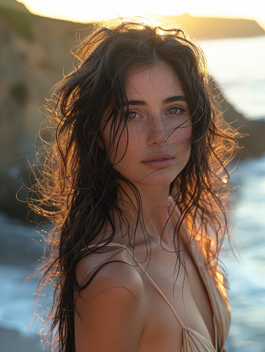 Young woman with flowing black hair stands near cliff.