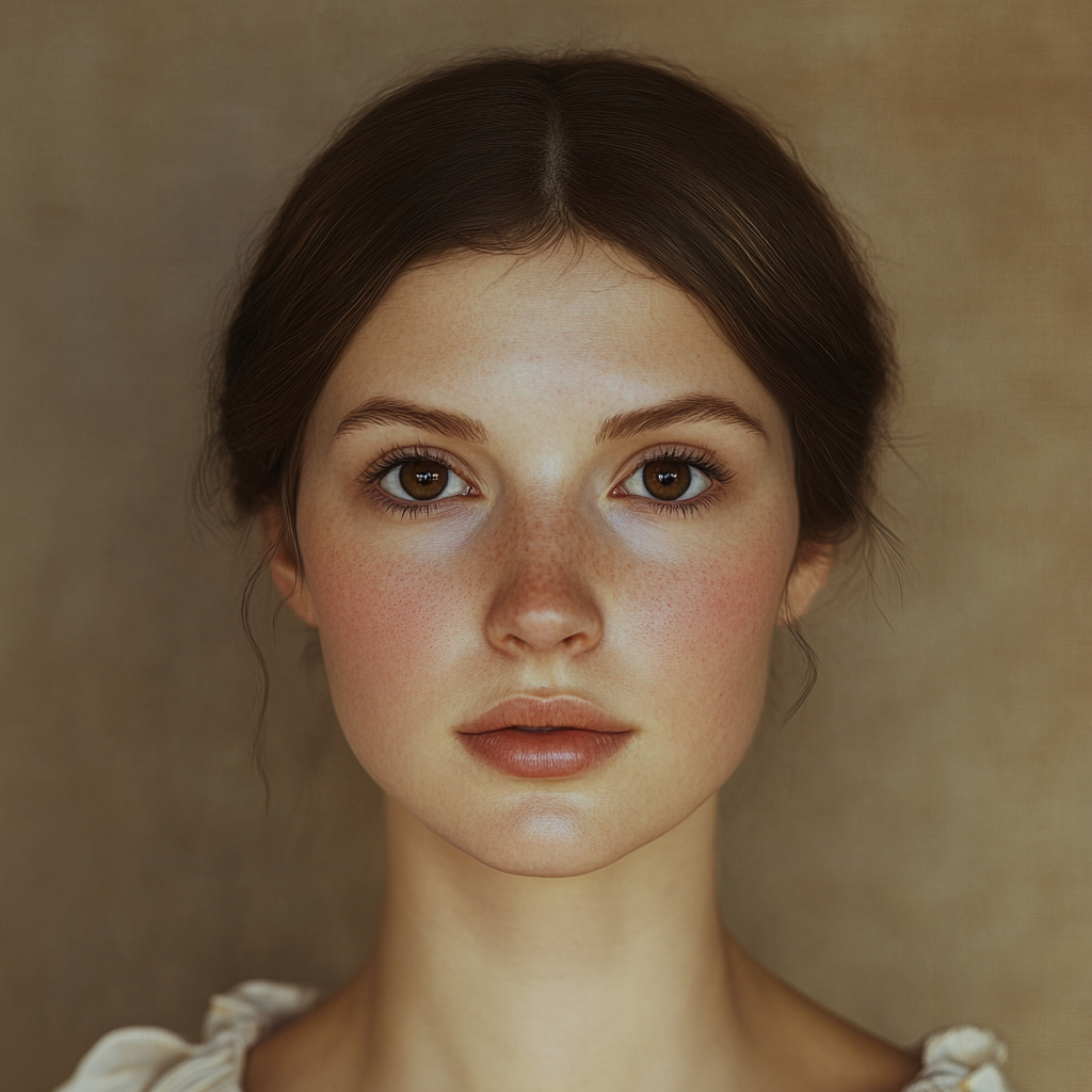 Young woman with oval face, dark eyes, blushing.