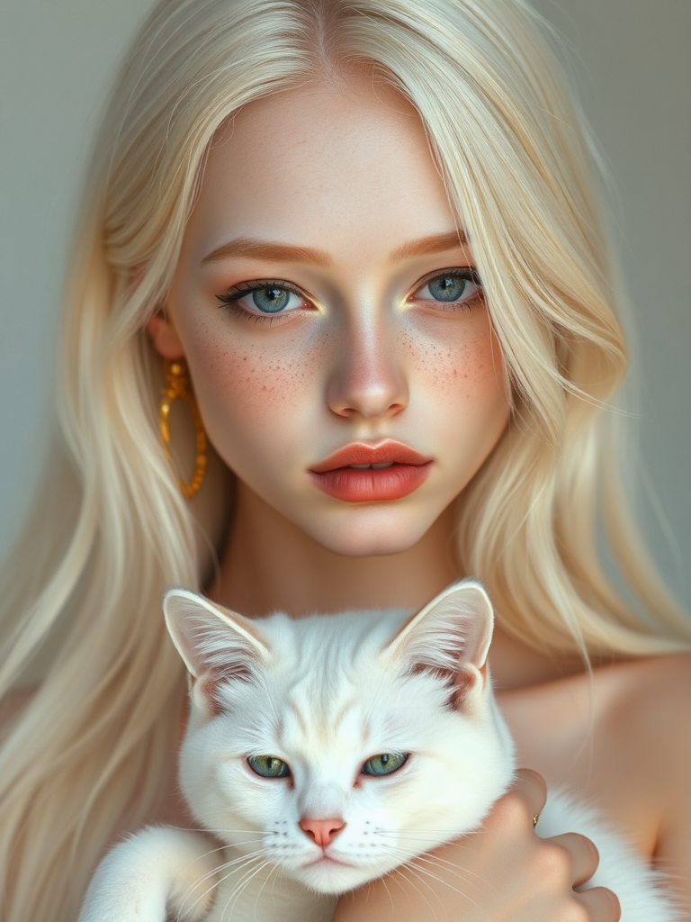 Young woman with platinum blonde hair, wearing gold jewelry, holding white cat.