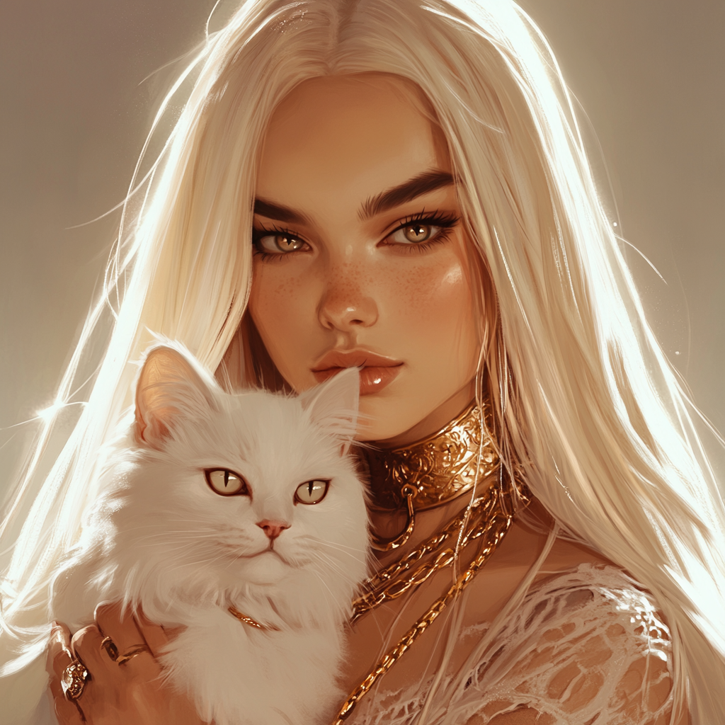 Young woman with platinum hair, gold jewelry, white cat.