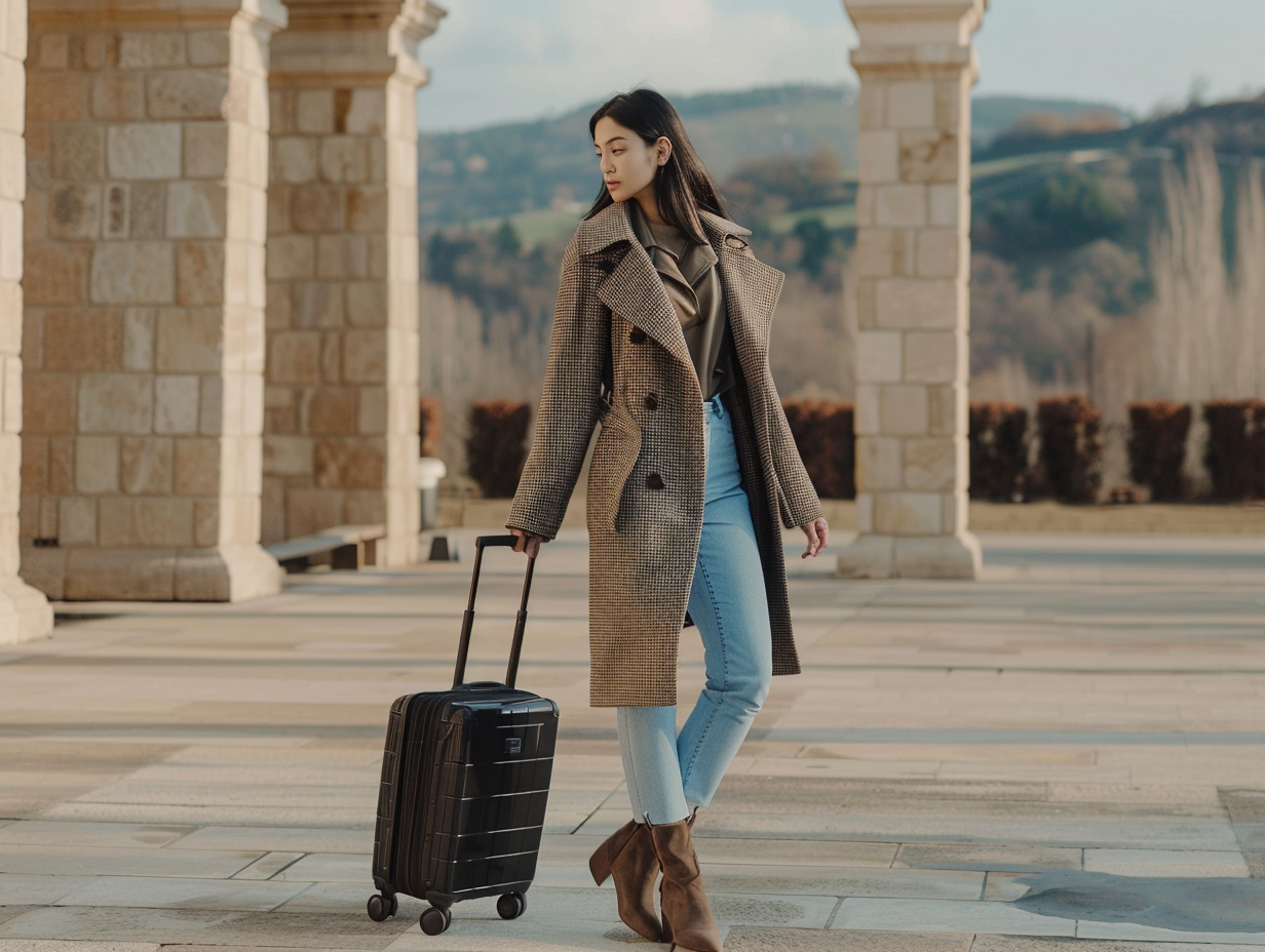 Young woman with suitcase, stylish outfit, thoughtful expression