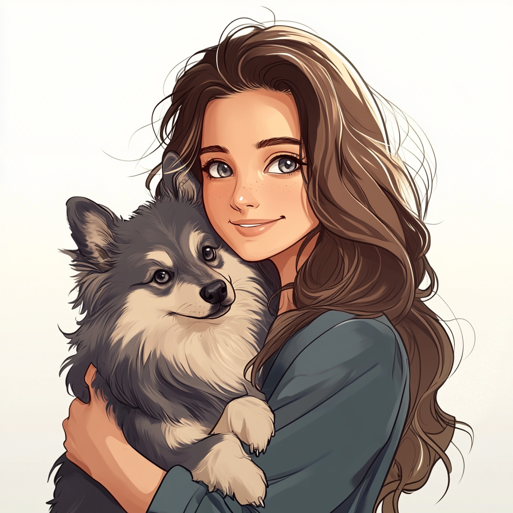 Young woman with wavy hair holding grey dog.