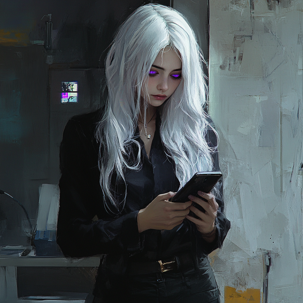 Young woman with white hair and lilac eyes.