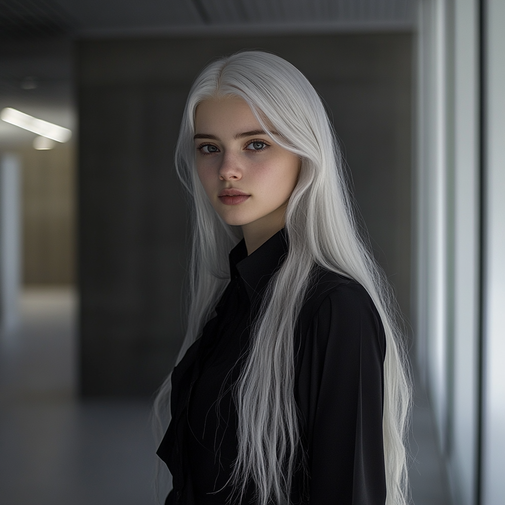 Young woman with white hair dressed in black.