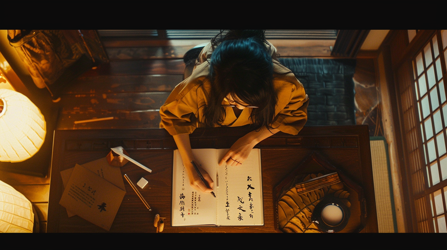 Young woman writes Japanese in warm, cinematic room.