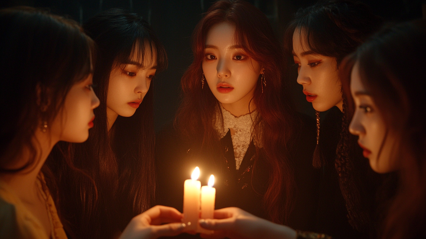 Young women gather around candle in dark room.