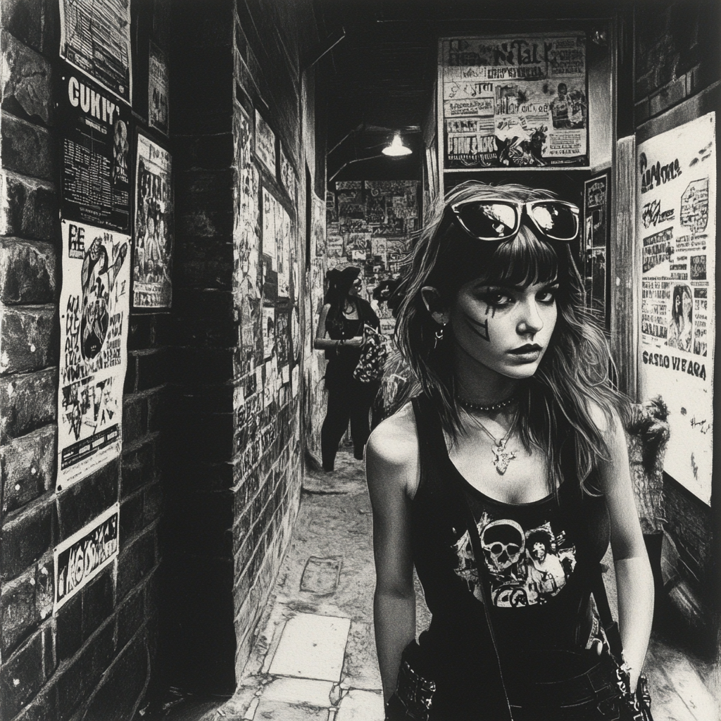 Young women in punk attire walk down alleyway