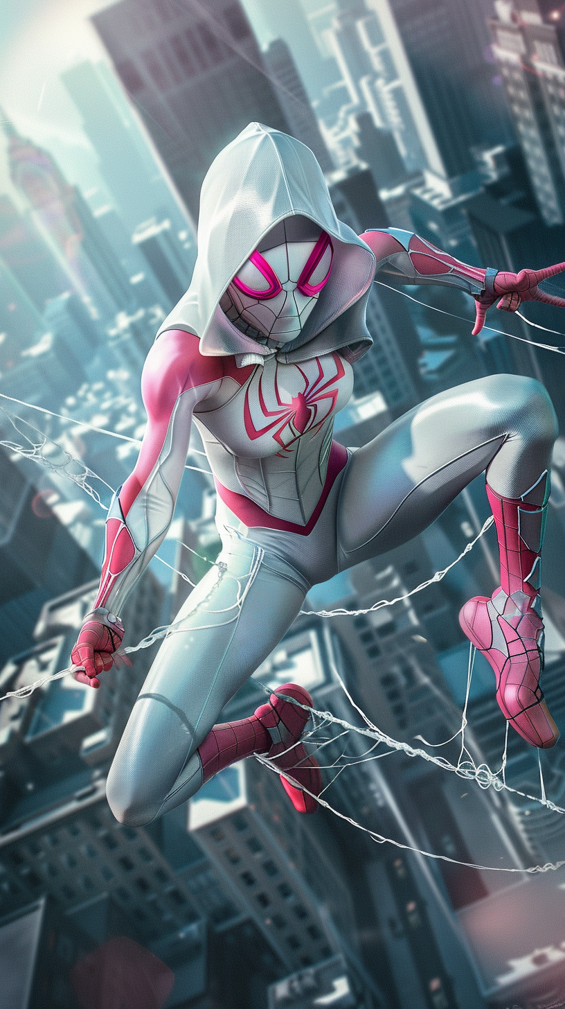 Youthful determination in pink and white Ghost-Spider suit.