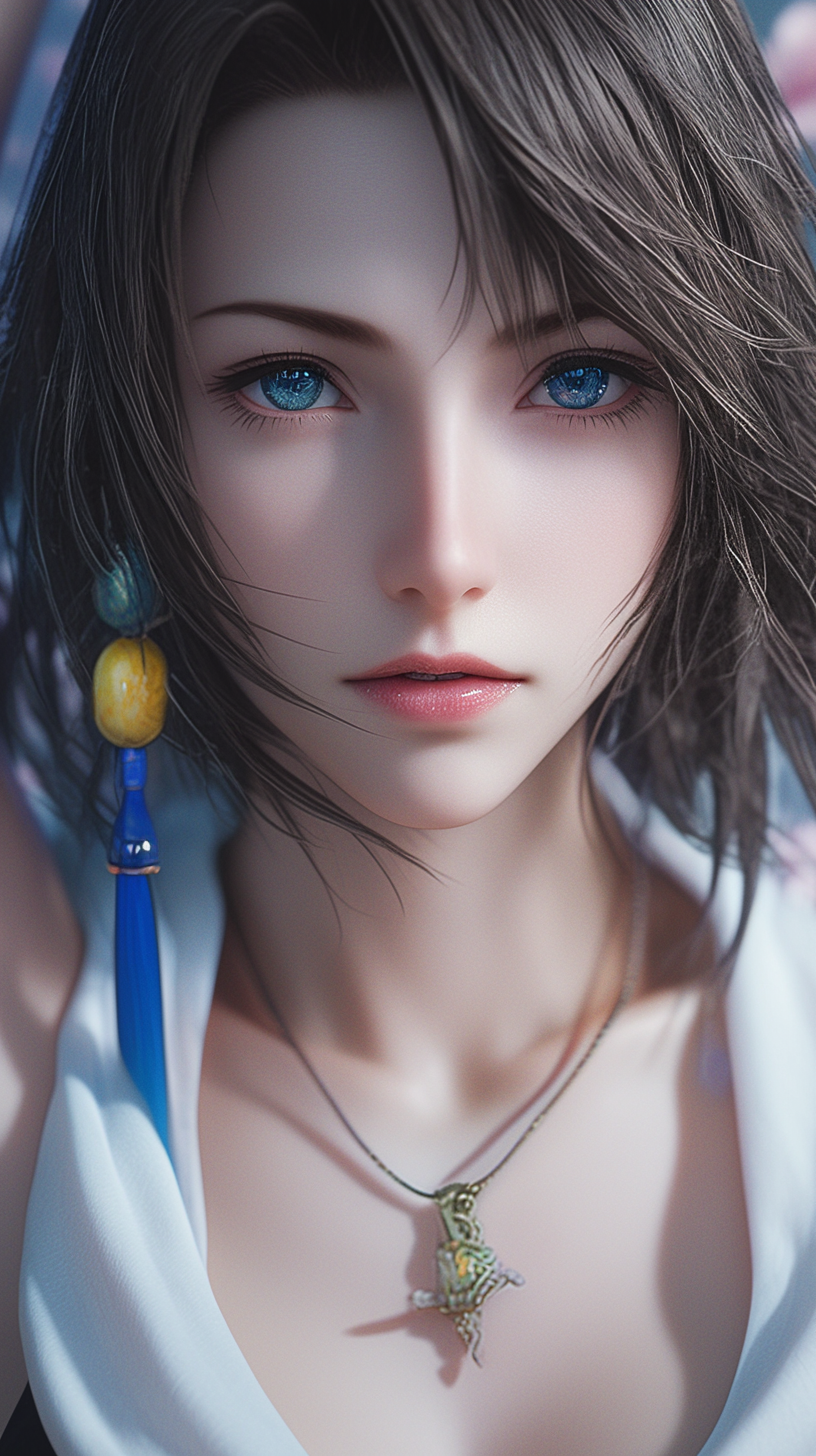 Yuna from Final Fantasy X, hyper realistic portrait, Canon Eos r50.