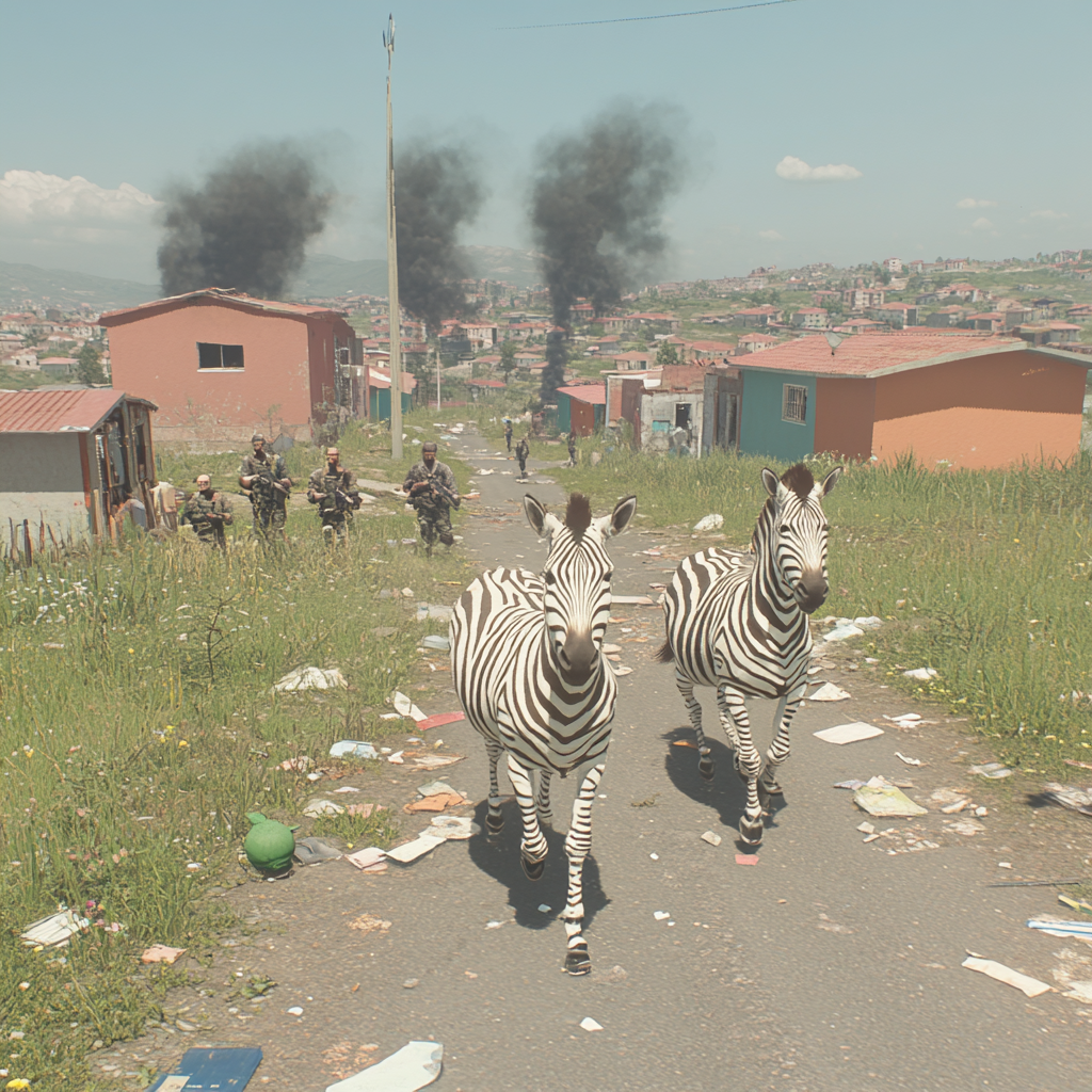 Zebras run in Turkish neighborhood with gangsters, fires.