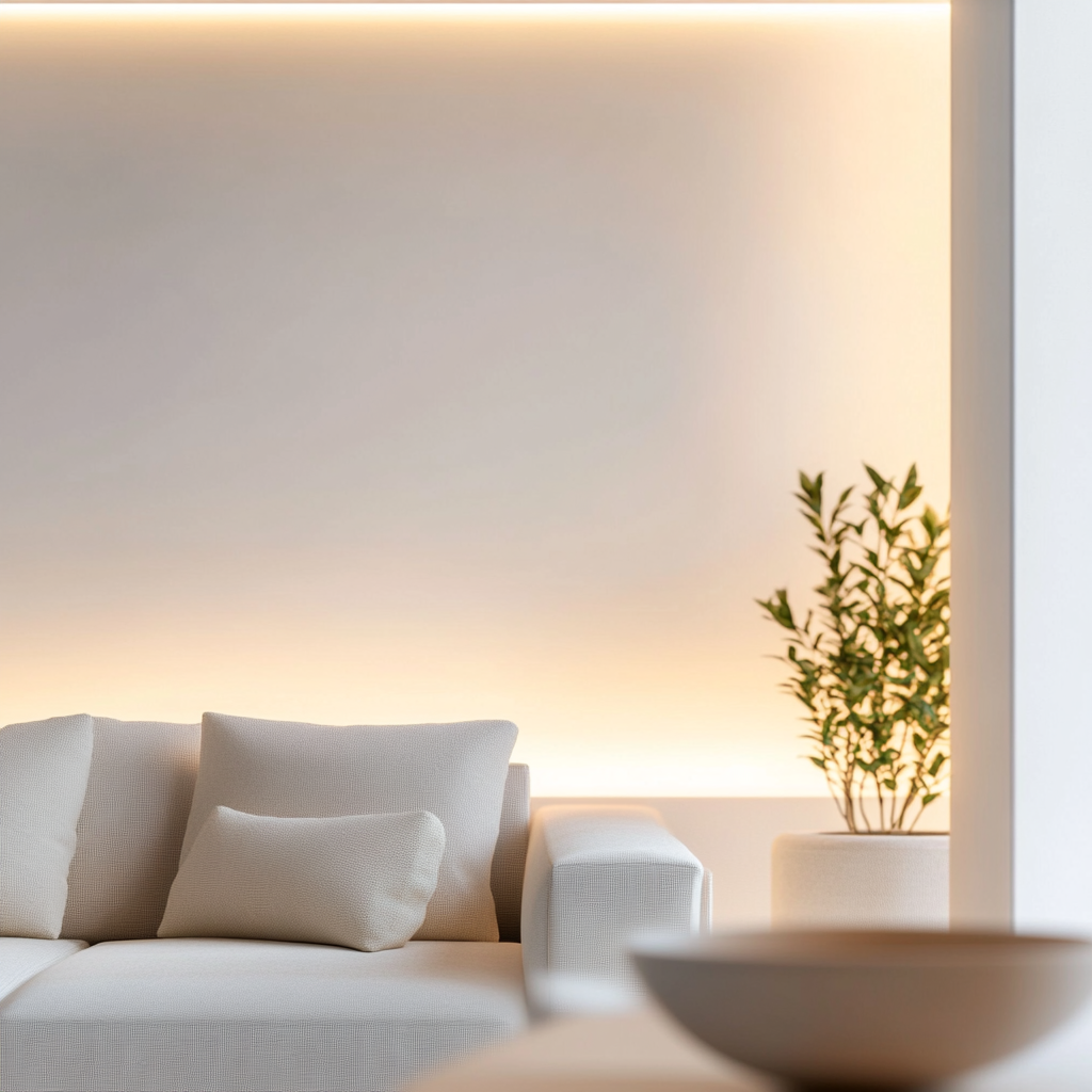 Zen living room with clean white wall, soft lighting.