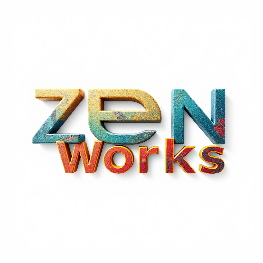 ZenWorks logo in 3D with textures and colors.