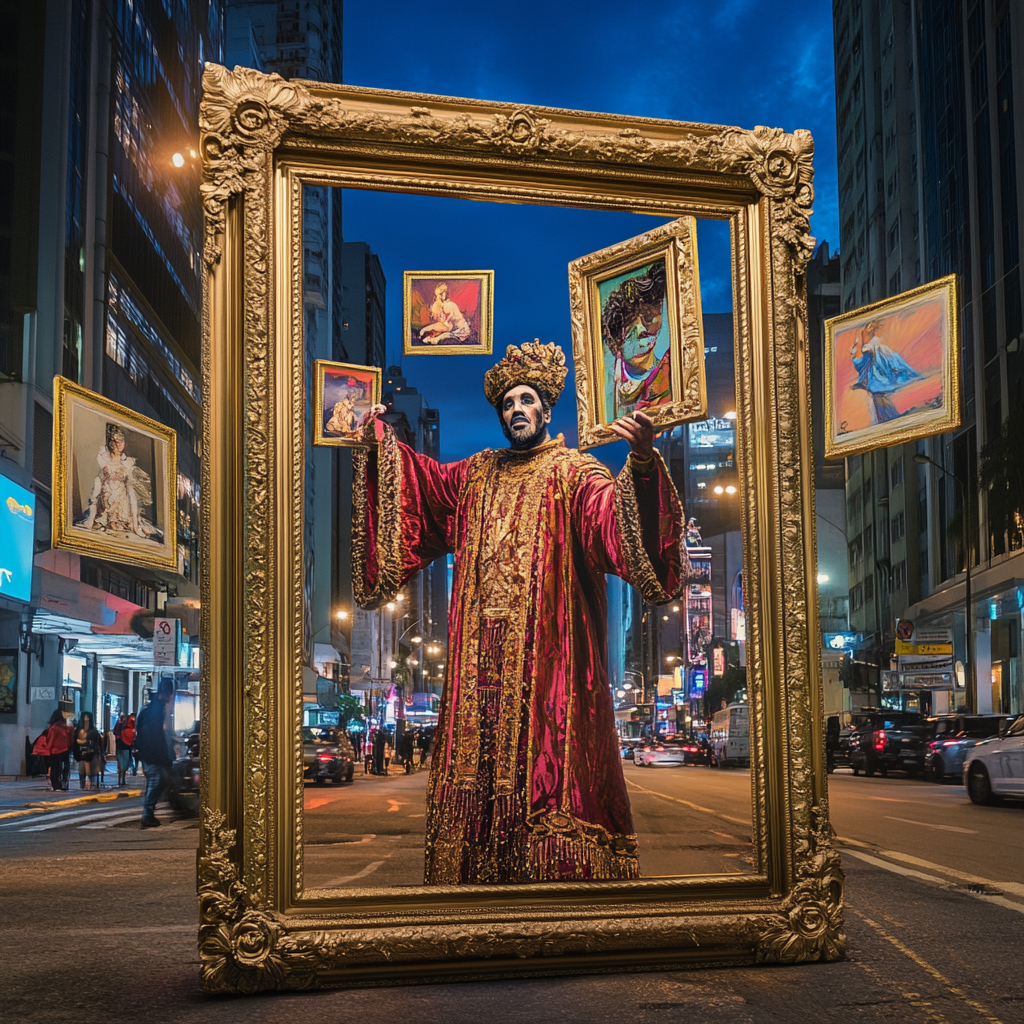 Zoltar breaks through art frame in city twilight.