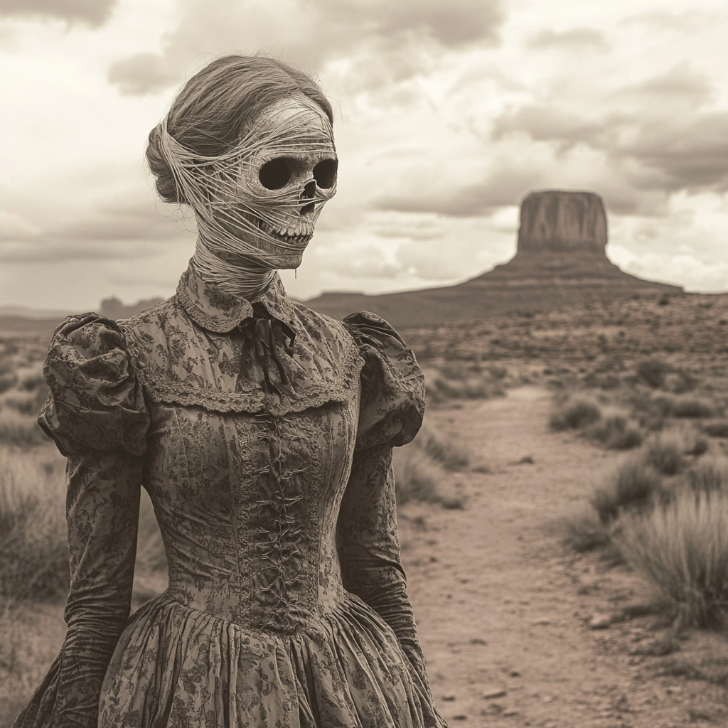 Zombie 20-year-old frontier woman on ghostly desert trail.