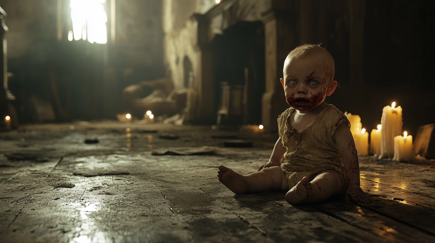 Zombie baby looks demonic on filthy house floor.