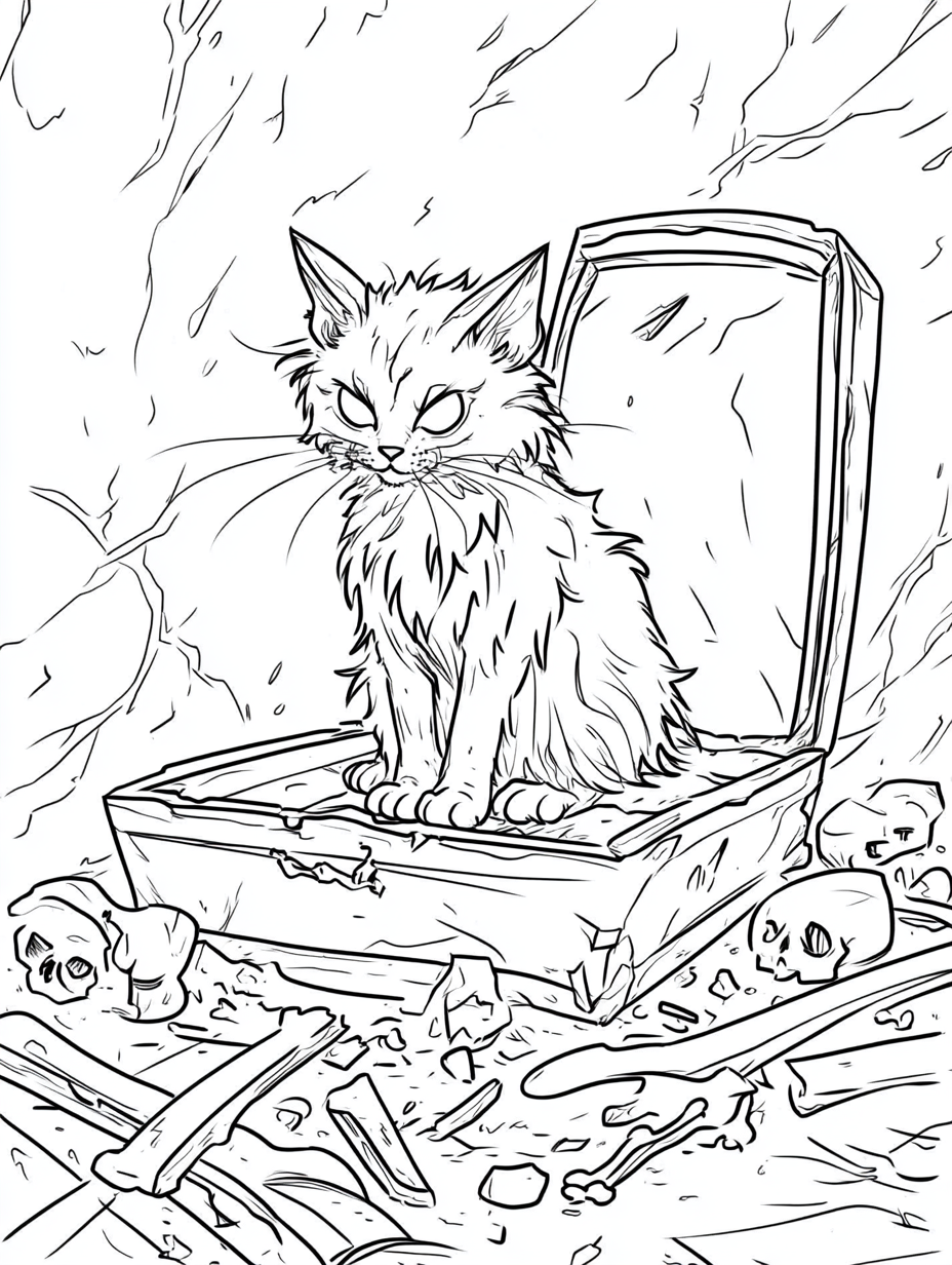 Zombie cat on broken coffin with bones, no shading.