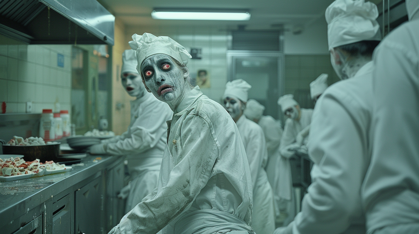 Zombie chefs cooking in high school kitchen at midnight.